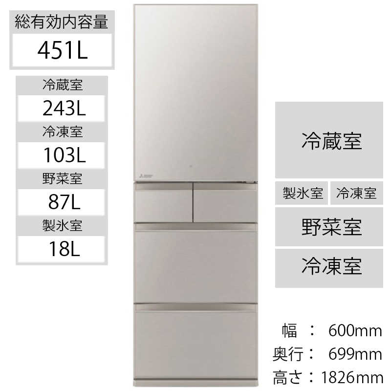 三菱　MITSUBISHI 三菱　MITSUBISHI 冷蔵庫 置けるスマート大容量 MBシリーズ [5ドア/左開き/451L] MR-MB45GL-C グレイングレージュ MR-MB45GL-C グレイングレージュ