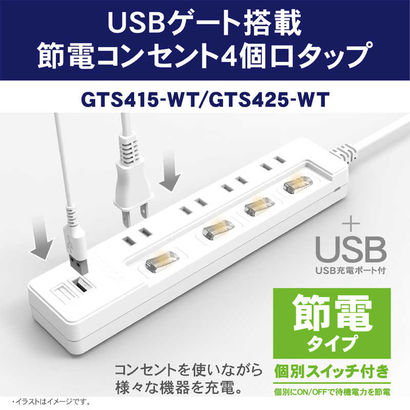 トップランド トップランド USBゲート搭載節電コンセント4個口タップ2.5m ホワイト GTS425-WT GTS425-WT