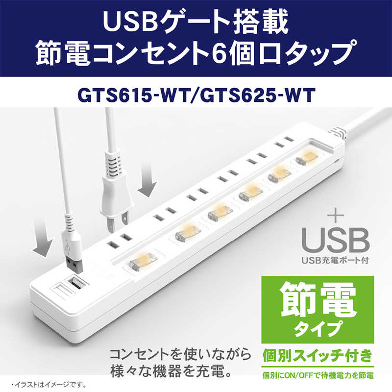 トップランド トップランド USBゲート搭載節電コンセント6個口タップ2.5m ホワイト GTS625-WT GTS625-WT