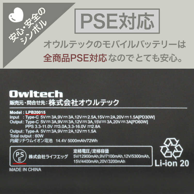 OWLTECH OWLTECH モバイルバッテリ ブラック [20000mAh /USB Power Delivery対応 /2ポート /充電タイプ] OWL-LPB20015 OWL-LPB20015