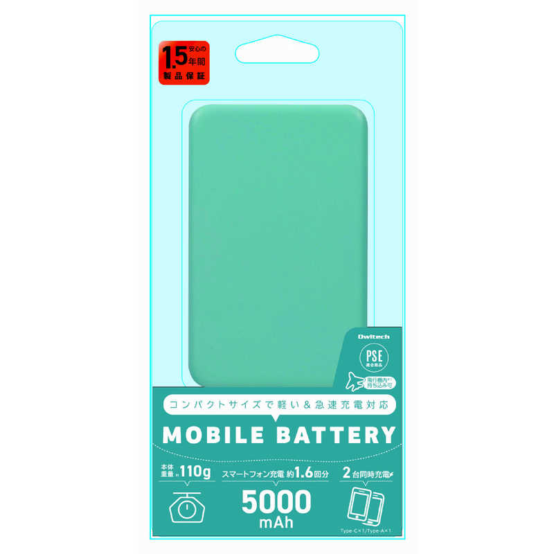 OWLTECH OWLTECH モバイルバッテリー 5000mAh USB Type-C入出力/USB Type-A出力 低電流モード搭載 ［2ポート］ アイスミントブルー OWL-LPB5012-IB OWL-LPB5012-IB
