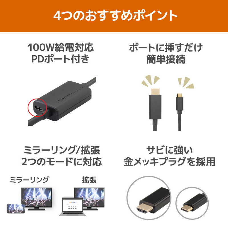 ラトックシステム ラトックシステム USB Type-C to HDMI 変換ケーブル(PD対応・1m) ［Type-Cオス /USB Power Delivery対応］ RSUCHD4K601M RSUCHD4K601M