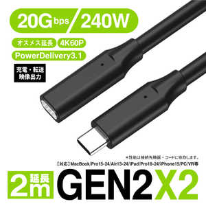 YOUZIPPER USB3.2 Gen2x2 Type-C ֥ Ĺѥ֥ 2m α / /ž /20Gbps/240W/Power Delivery 3.1ϡ ֥å GEN2X2-2X