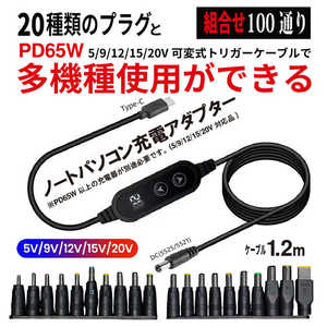 YOUZIPPER PD65W電圧可変式トリガーケーブル DC20プラグセット ［Type-Cオス / USB Power Delivery対応］ PDX-65W20