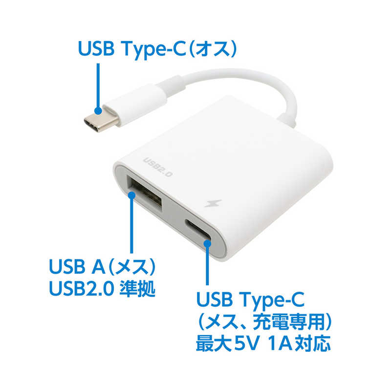ナカバヤシ ナカバヤシ 充電ポート搭載 USB変換ホストアダプタ [USB-C オス→メス USB-A] ホワイト   [Type-Aメス /Type-Cオス] SAD-CH04/WH SAD-CH04/WH