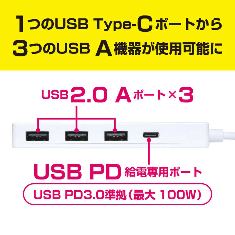 ナカバヤシ ナカバヤシ USB Type-C PD100W対応 USB2.0 3ポートハブ ホワイト USH-CA20P/WH USH-CA20P/WH