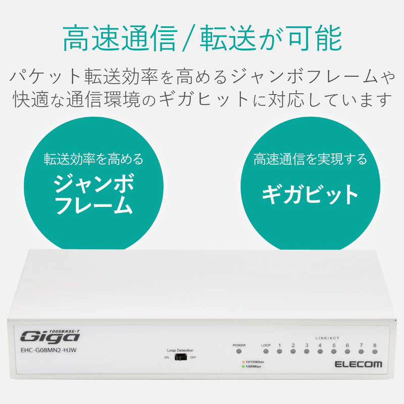 エレコム　ELECOM エレコム　ELECOM Giga対応スイッチングHub/8ポート/金属筐体/磁石付き/電源内蔵モデル EHC-G08MN2-HJW EHC-G08MN2-HJW