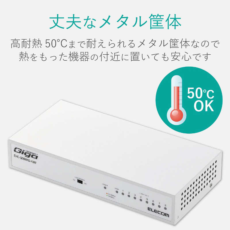 エレコム　ELECOM エレコム　ELECOM Giga対応スイッチングHub/8ポート/金属筐体/磁石付き/電源内蔵モデル EHC-G08MN2-HJW EHC-G08MN2-HJW