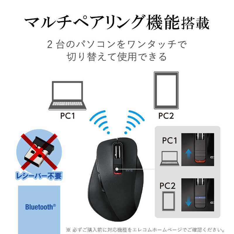 エレコム　ELECOM エレコム　ELECOM ワイヤレスBlueLEDマウス Bluetooth 静音EX-G Mサイズ(5ボタン) M-XGM10BBSBK M-XGM10BBSBK