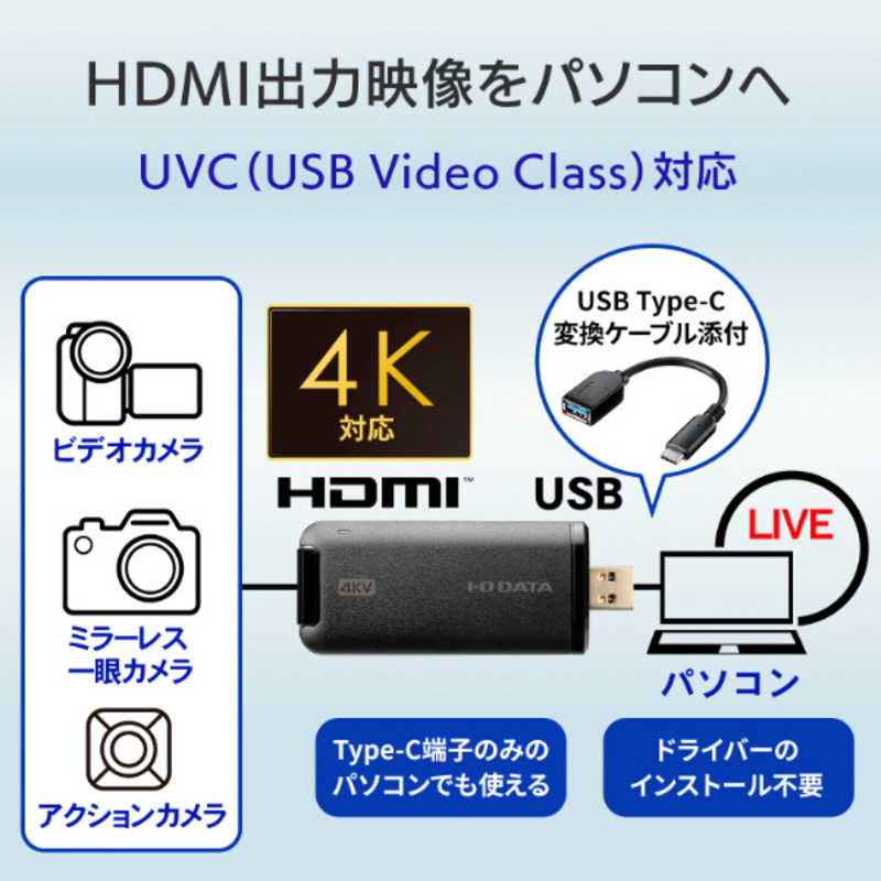 IOデータ IOデータ ウェブカメラ化 ［USB-A接続 →ポート：HDMI］ 4K対応・UVC対応 GV-HUVC/4KV GV-HUVC/4KV