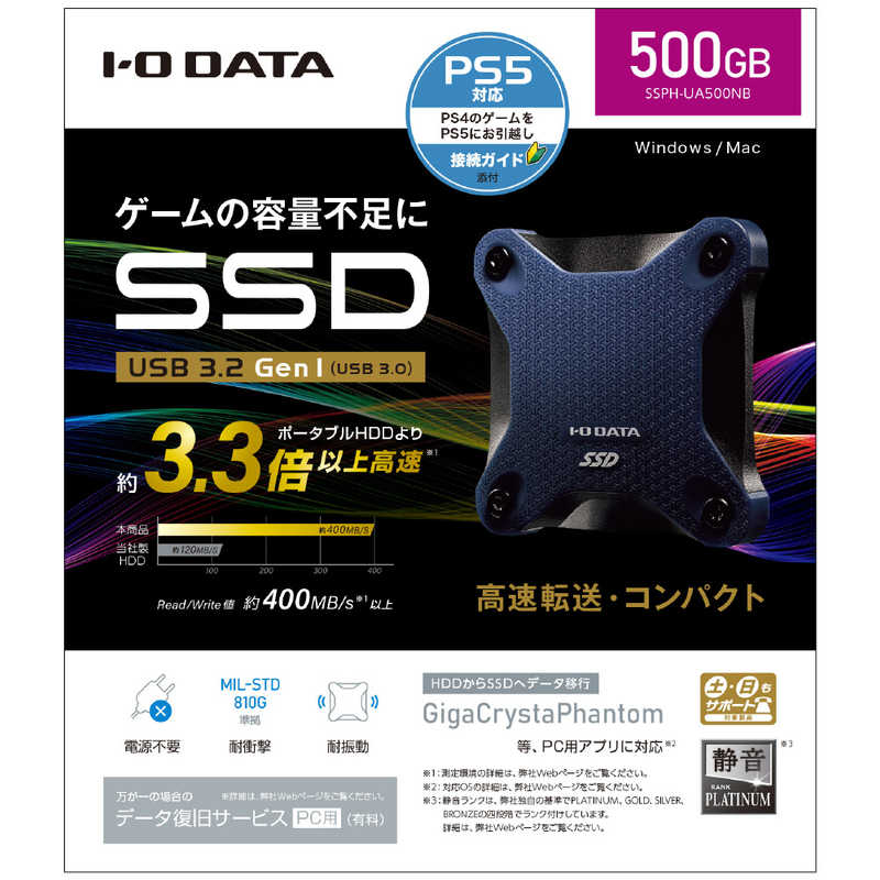 IOデータ IOデータ 耐衝撃筐体 ポータブルSSD 500GB 【PS4､PS5動作確認済】 ネイビー SSPH-UA500NB SSPH-UA500NB