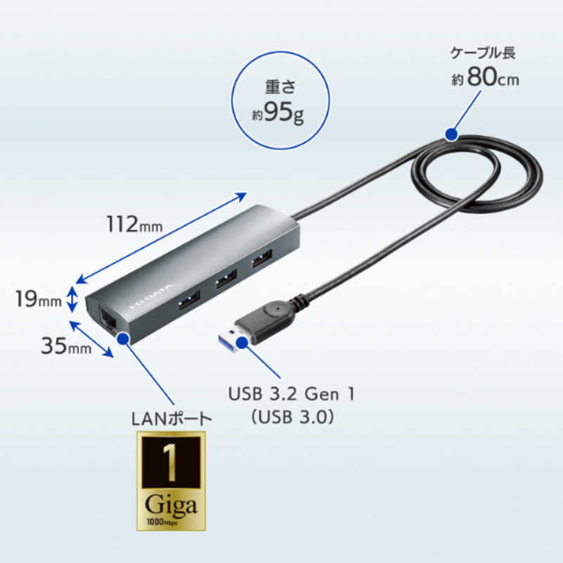 IOデータ IOデータ ギガビットLANアダプター搭載 USB 3.2Gen1(USB 3.0)ハブ ［USBA オス→メス LAN USBAx3］ ブラック US3-HB3ETG2 US3-HB3ETG2