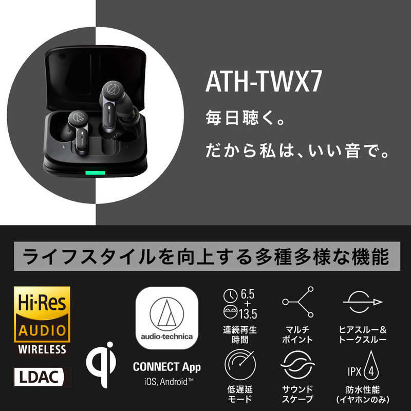 オーディオテクニカ オーディオテクニカ 完全ワイヤレスイヤホン  [ワイヤレス(左右分離) /Bluetooth /ノイズキャンセリング対応] ATH-TWX7 BK ATH-TWX7 BK