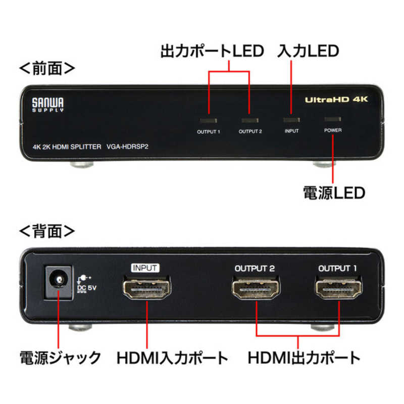 サンワサプライ サンワサプライ 4K/60Hz･HDR対応HDMI分配器(2分配) VGA-HDRSP2 VGA-HDRSP2