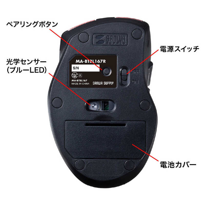サンワサプライ サンワサプライ マウス SUPER GRIP 静音 [BlueLED /無線(ワイヤレス) /5ボタン /Bluetooth] レッド MA-BTBL167R MA-BTBL167R
