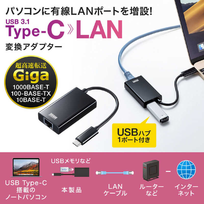 サンワサプライ USB3.1 TypeC-LAN変換アダプタ(USBハブポート付・ブラック) USB-CVLAN4BK の通販 |  カテゴリ：パソコン・周辺機器・プリンター | サンワサプライ 家電通販のコジマネット - 全品代引き手数料無料