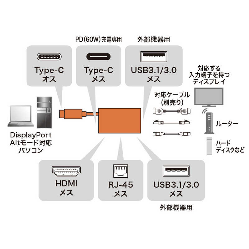 サンワサプライ サンワサプライ USB Type C-マルチ変換アダプタ 4K60Hz PD60W対応 AD-ALCMH60L AD-ALCMH60L