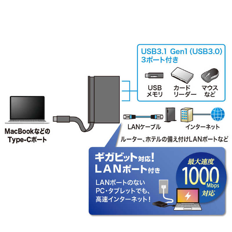 サンワサプライ サンワサプライ LANアダプタ付きUSB Type-Cハブ USB-3TCH10BK USB-3TCH10BK