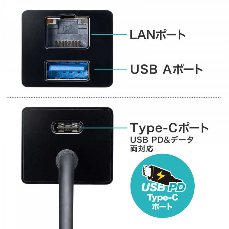 サンワサプライ サンワサプライ LAN変換アダプタ [USB-C オス→メス LAN /USB-Cx2 /USB Power Delivery対応 /100W] 1Gbps対応 USB-3TCH33BK USB-3TCH33BK