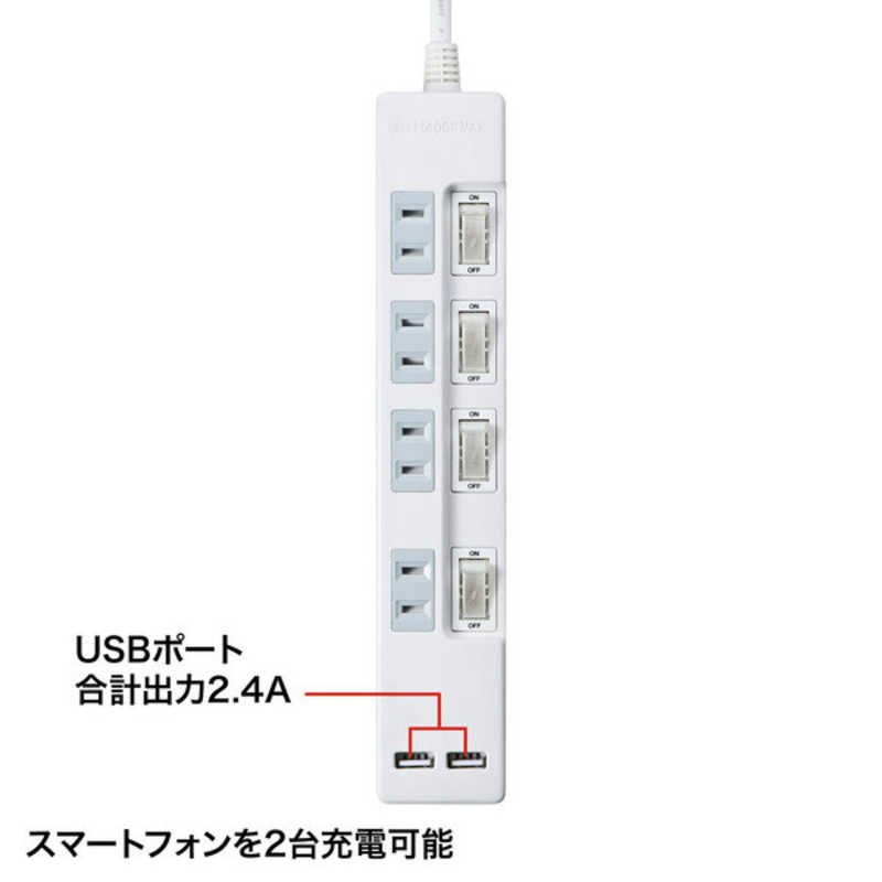 サンワサプライ サンワサプライ 便利タップ(USB充電機能付き)2P4個口2m TAP-B102U-2W TAP-B102U-2W