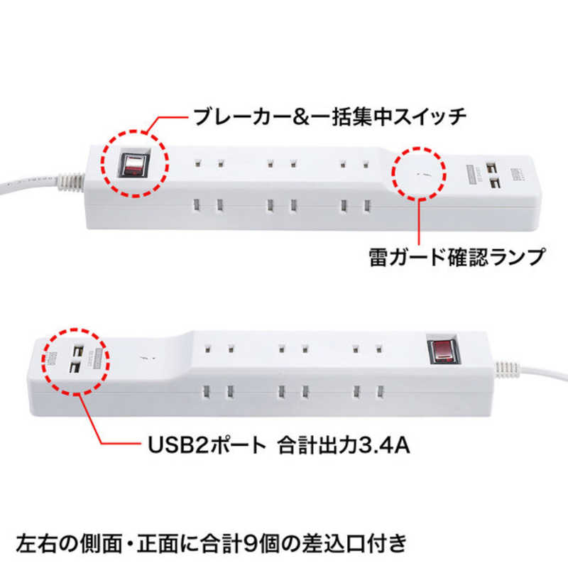 サンワサプライ サンワサプライ 便利タップ(USB充電機能付き)2P9個口2m TAP-B103U-2W TAP-B103U-2W