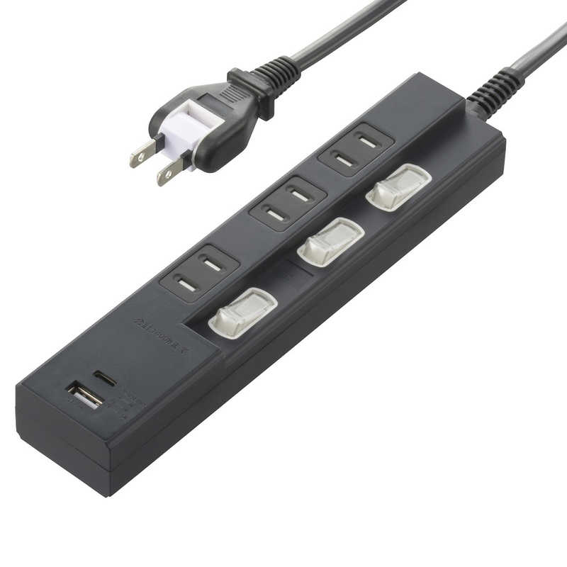 ORIGINALBASIC ORIGINALBASIC USB付き節電タップコード有りType-C付3個口2M2ポート ［2.0m /3個口 /スイッチ付き(個別) /2ポート］ 黒 OBB-TPK321AC-K OBB-TPK321AC-K
