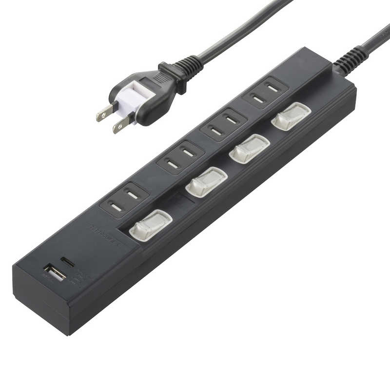 ORIGINALBASIC ORIGINALBASIC USB付き節電タップコード有りType-C付 ［2.0m /4個口 /スイッチ付き(個別) /2ポート］ 黒 OBB-TPK421AC-K OBB-TPK421AC-K