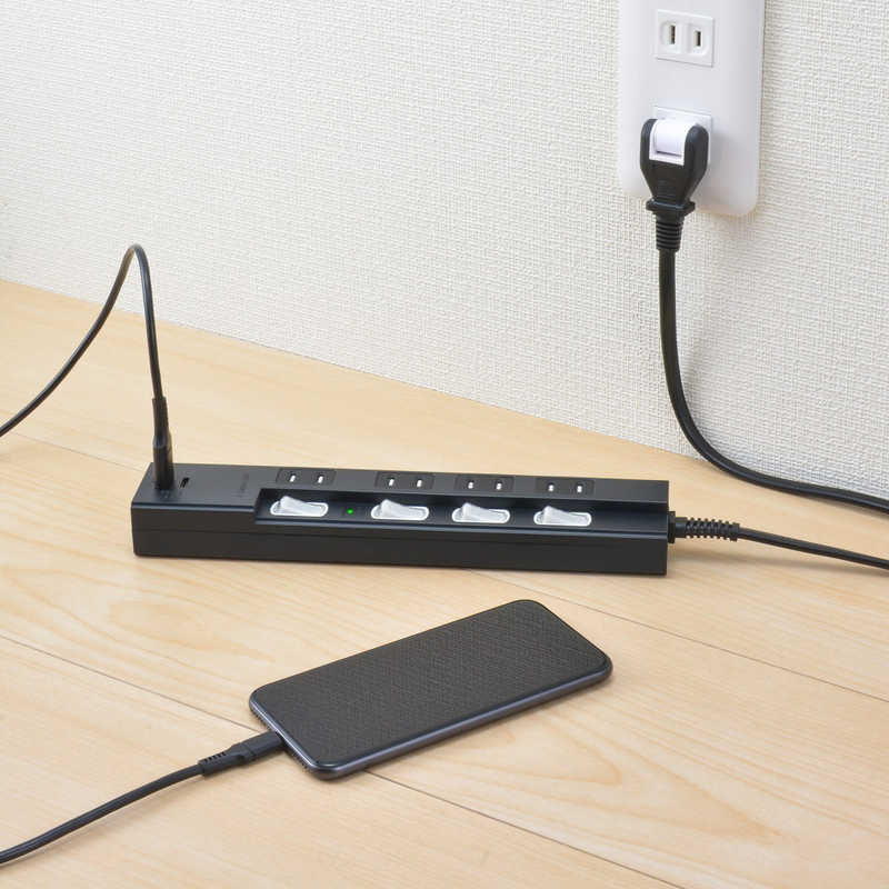 ORIGINALBASIC ORIGINALBASIC USB付き節電タップコード有りType-C付 ［2.0m /4個口 /スイッチ付き(個別) /2ポート］ 黒 OBB-TPK421AC-K OBB-TPK421AC-K