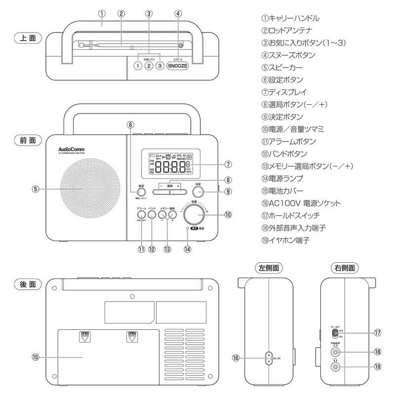 オーム電機 オーム電機 時計付き PLLポータブルラジオ AudioComm ブラック [ワイドFM対応 /AM/FM/短波] RAD-T570N RAD-T570N