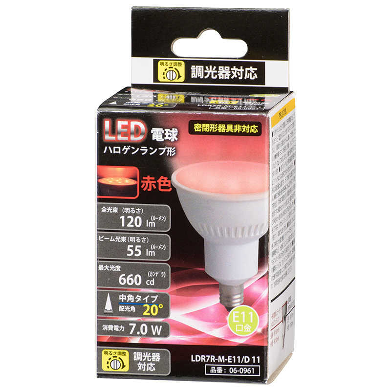 オーム電機 オーム電機 LED電球 ハロゲンランプ形 E11 調光器対応 中角タイプ 赤色 LDR7R-M-E-11/D11 LDR7R-M-E-11/D11