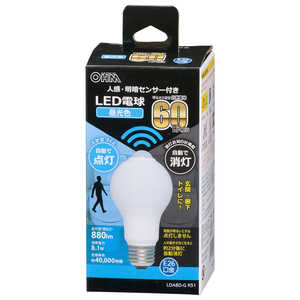 オーム電機 LED電球 E26 60形相当 人感明暗センサｰ付 昼光色  [E26 /一般電球形 /60W相当 /昼光色 /1個] LDA8D-GR51