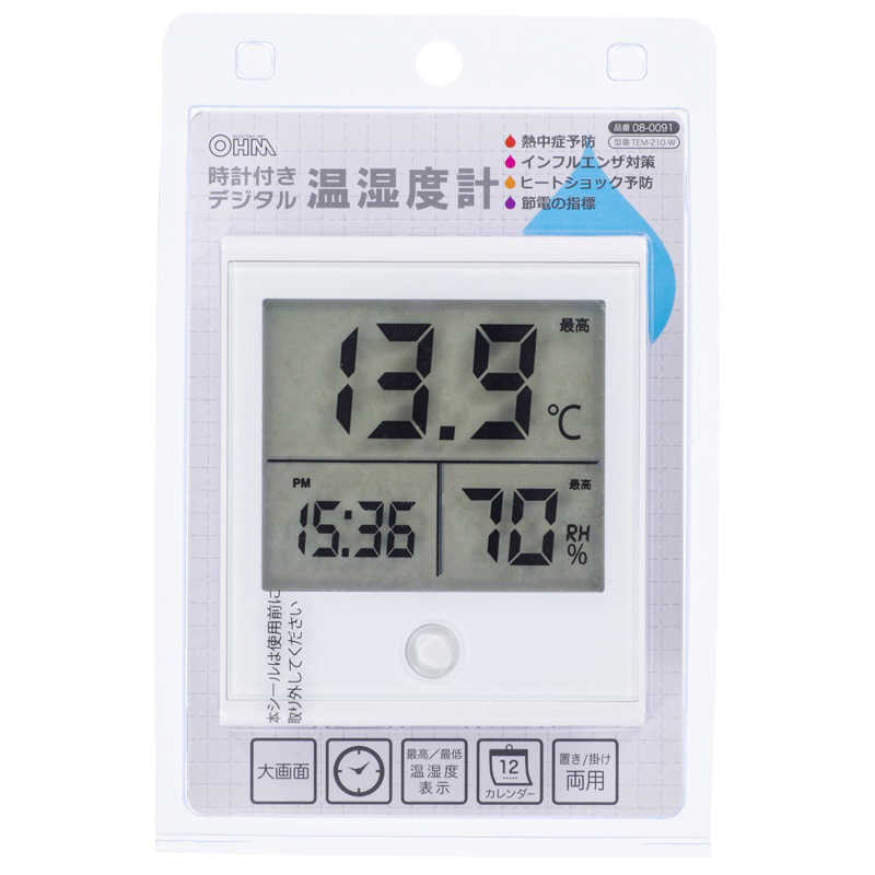 オーム電機 オーム電機 時計付き デジタル温湿度計 白 TEM-210-W TEM-210-W