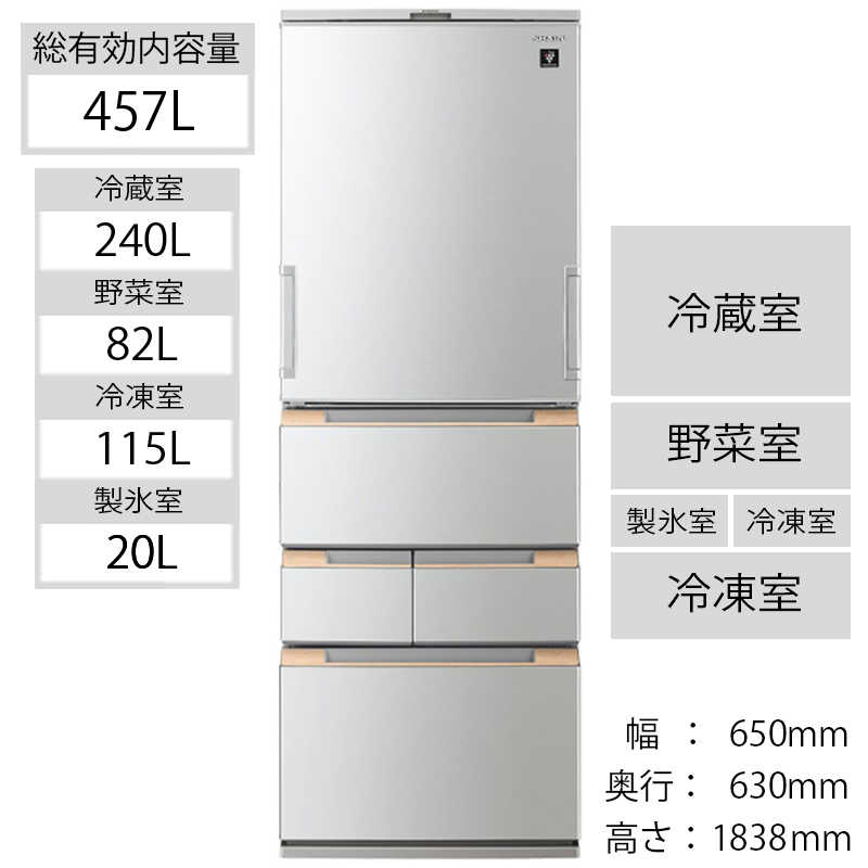 シャープ　SHARP シャープ　SHARP 冷蔵庫 5ドア どっちもドア(両開き) 457L SJ-MW46H-S ライトメタル SJ-MW46H-S ライトメタル