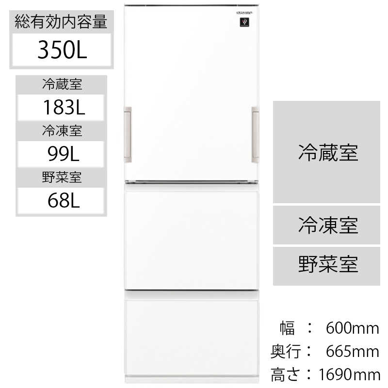 シャープ　SHARP シャープ　SHARP 冷蔵庫 3ドア どっちもドア(両開き) 350L SJ-GW35G-W ピュアホワイト SJ-GW35G-W ピュアホワイト