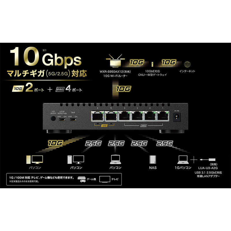 BUFFALO BUFFALO 10GbE 2ポート 2.5GbE 4ポート スイッチングHub LXW-10G2/2G4 ブラック LXW-10G2/2G4 ブラック