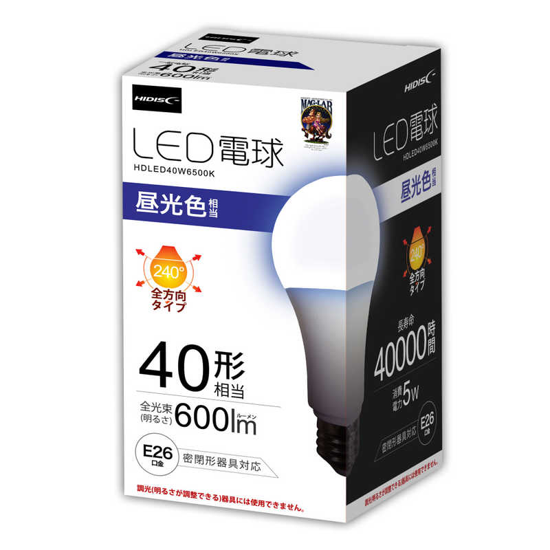 HIDISC HIDISC LED電球 一般電球40W相当 昼光色 [E26 /昼光色 /1個 /40W相当 /一般電球形 /全方向タイプ] HDLED40W6500K HDLED40W6500K