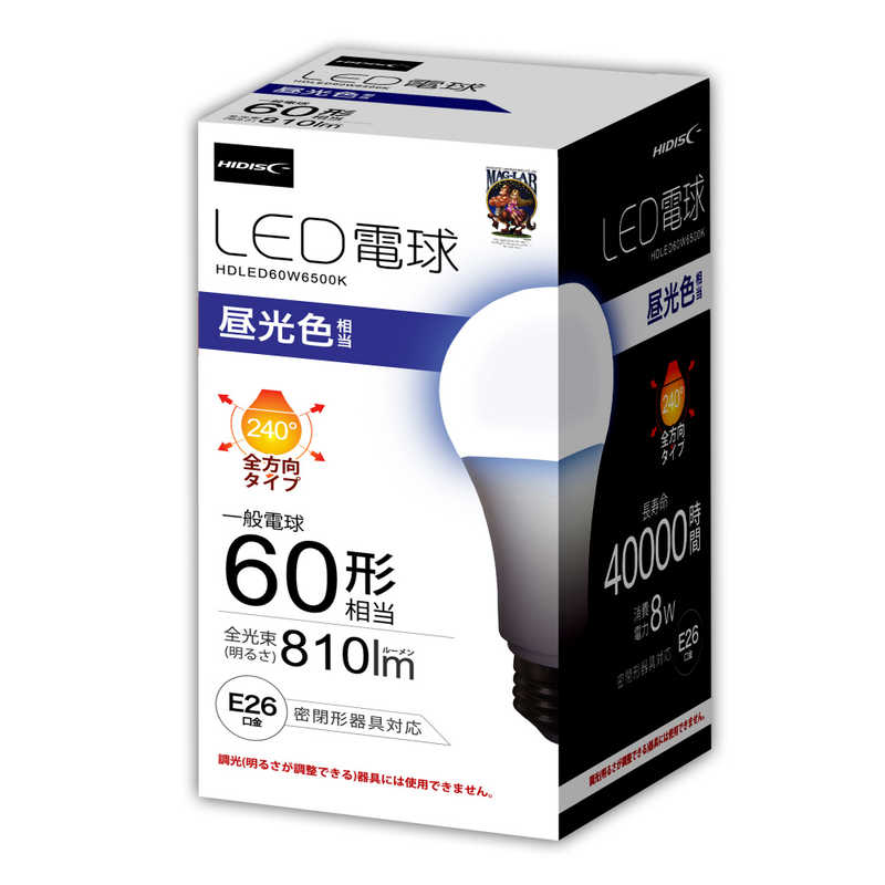 HIDISC HIDISC LED電球 一般電球60W相当 昼光色 [E26 /昼光色 /1個 /60W相当 /一般電球形 /全方向タイプ] HDLED60W6500K HDLED60W6500K