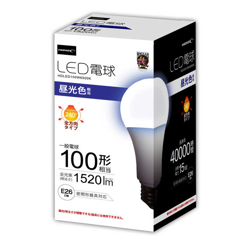 HIDISC HIDISC LED電球 一般電球10W相当 昼光色 HDLED100W6500K HDLED100W6500K