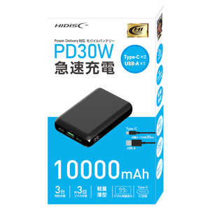 HIDISC PD30W急速充電 TypeCx2 USBAx1 10000mAh ブラック ［10000mAh /USB Power Delivery対応 /3ポート /充電タイプ］ HDPD30W10000FTBK