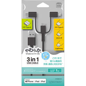 ラスタバナナ microUSBケーブル＋ライトニング＆TypeC変換付 3A 1.0m BK R10CAAMLC3A01BK