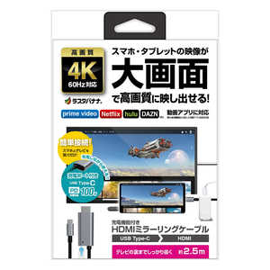 ラスタバナナ スマホ用 ミラーリングケーブル 4K フルHD 充電ポート付き ［2.5m / HDMI⇔Type-C］ ブラック R25CACCH03BK