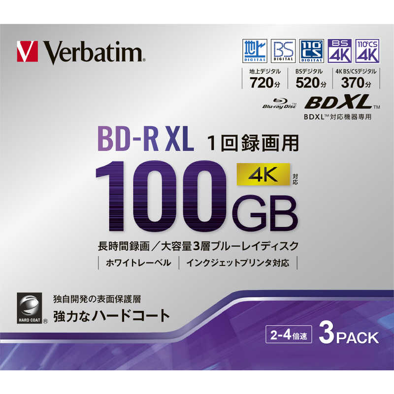 VERBATIMJAPAN VERBATIMJAPAN インジェットプリント対応 録画用BD-R XL 100GB 3枚 VBR520YP3D3 VBR520YP3D3