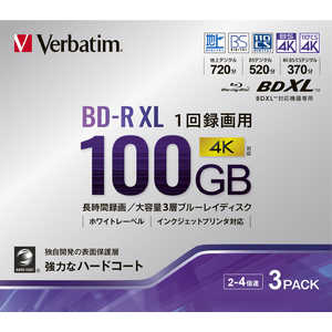 VERBATIMJAPAN インジェットプリント対応 録画用BD-R XL 100GB 3枚 VBR520YP3D3 VERBATIMJAPAN インジェットプリント対応 録画用BD-R XL 100GB 3枚 VBR520YP3D3