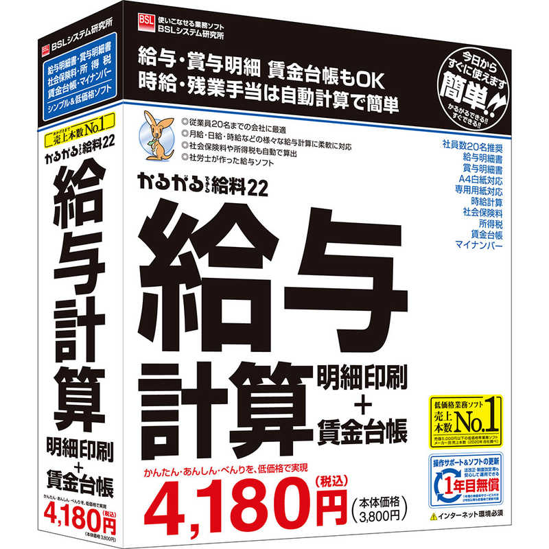 BSLｼｽﾃﾑ研究所 かるがるできる給料22 給与計算・明細印刷+賃金台帳 ｶﾙｶﾞﾙﾃﾞｷﾙｷﾕｳﾘﾖｳ22 の通販 |  カテゴリ：パソコン・周辺機器・プリンター | BSLｼｽﾃﾑ研究所 家電通販のコジマネット - 全品代引き手数料無料