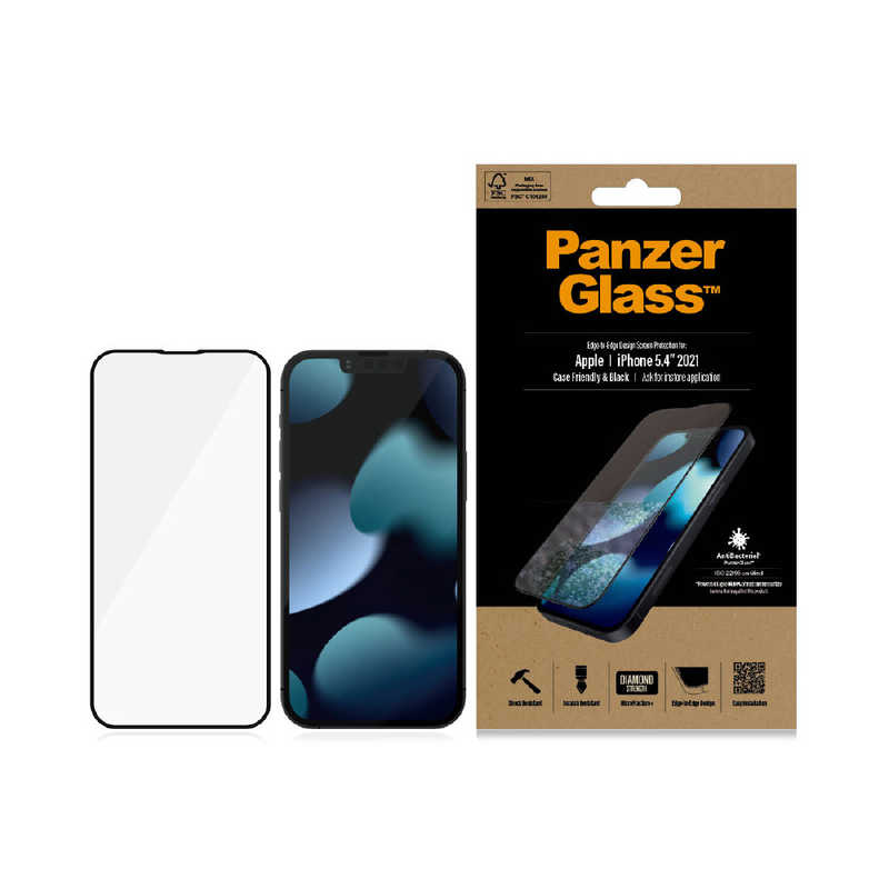 PANZERGLASS PANZERGLASS 保護ガラスフィルム 全面保護 クリア ブラック 抗菌 9H Mohs 7.0 〔iPHone 13 mini 5.4インチ〕  PRO2744 PRO2744