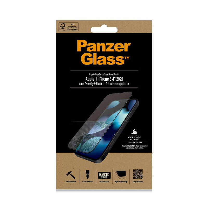 PANZERGLASS PANZERGLASS 保護ガラスフィルム 全面保護 クリア ブラック 抗菌 9H Mohs 7.0 〔iPHone 13 mini 5.4インチ〕  PRO2744 PRO2744
