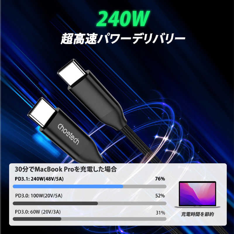 CHOETECH CHOETECH PD3.1 240W USB-C to USB-C Cable 1m ［USB Power Delivery対応］ ブラック XCC-1035 XCC-1035