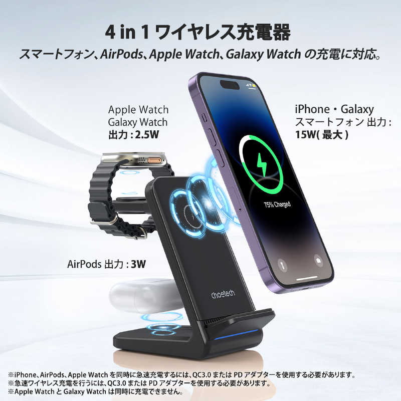 CHOETECH CHOETECH 4-in-1 磁気ワイヤレス急速充電器 Apple/Samsung watch ブラック T608-F T608-F