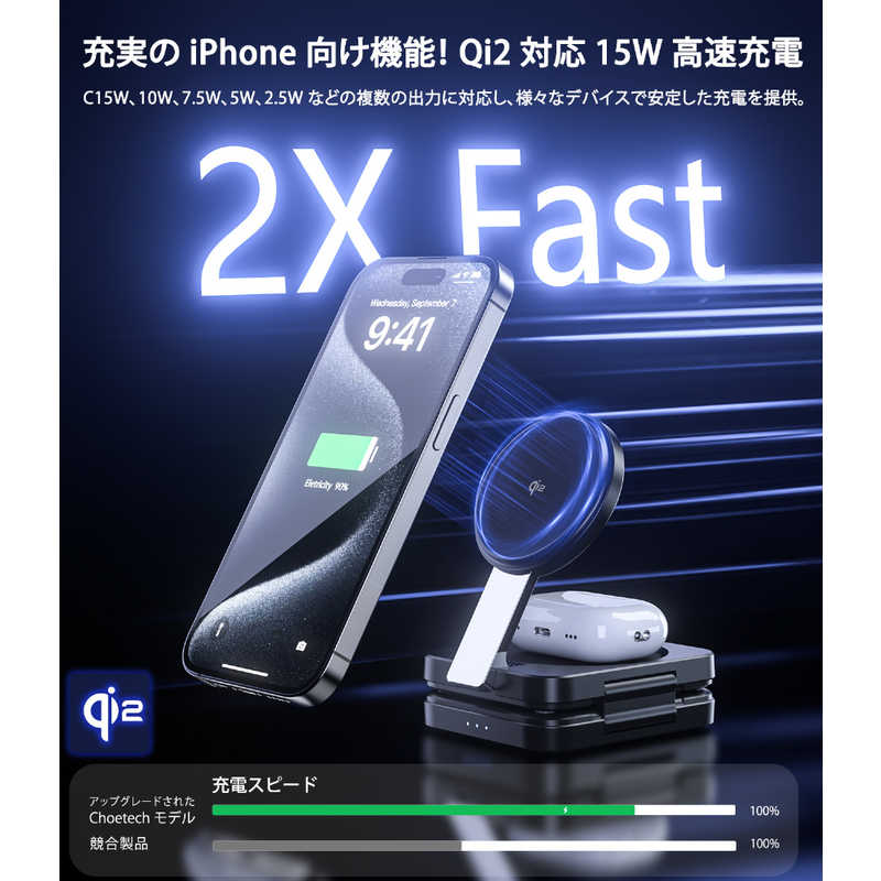 CHOETECH CHOETECH Qi2対応 1台3役！折りたたみ式マグネット Qi2対応充電器 T636-F T636-F