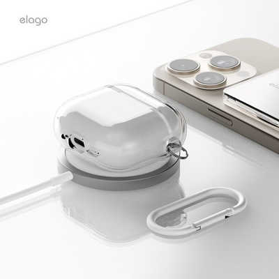ELAGO AirPods 4 対応 ケース 透明 カバー カラビナ 付き 落下防止 